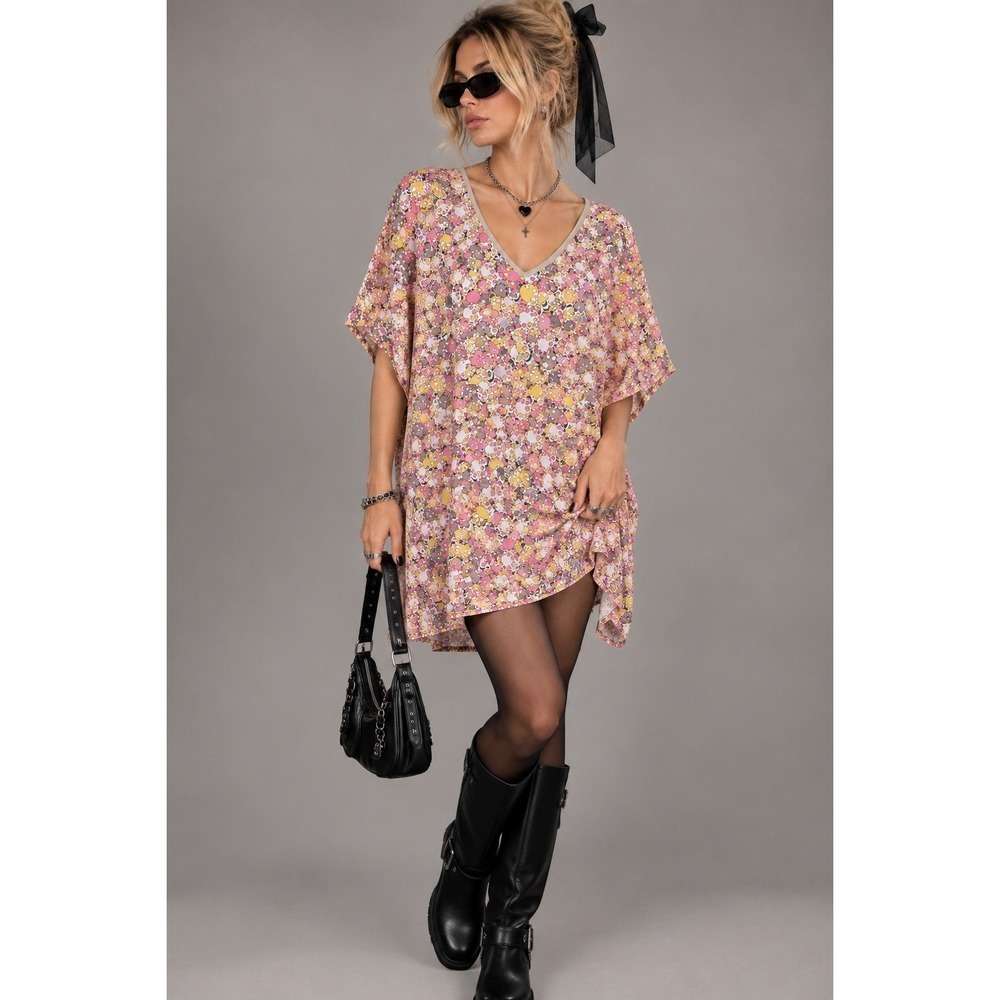 Charlotte Sparre 100% Silk Skull Print Mini Tunic Dress XL Pink Oversized